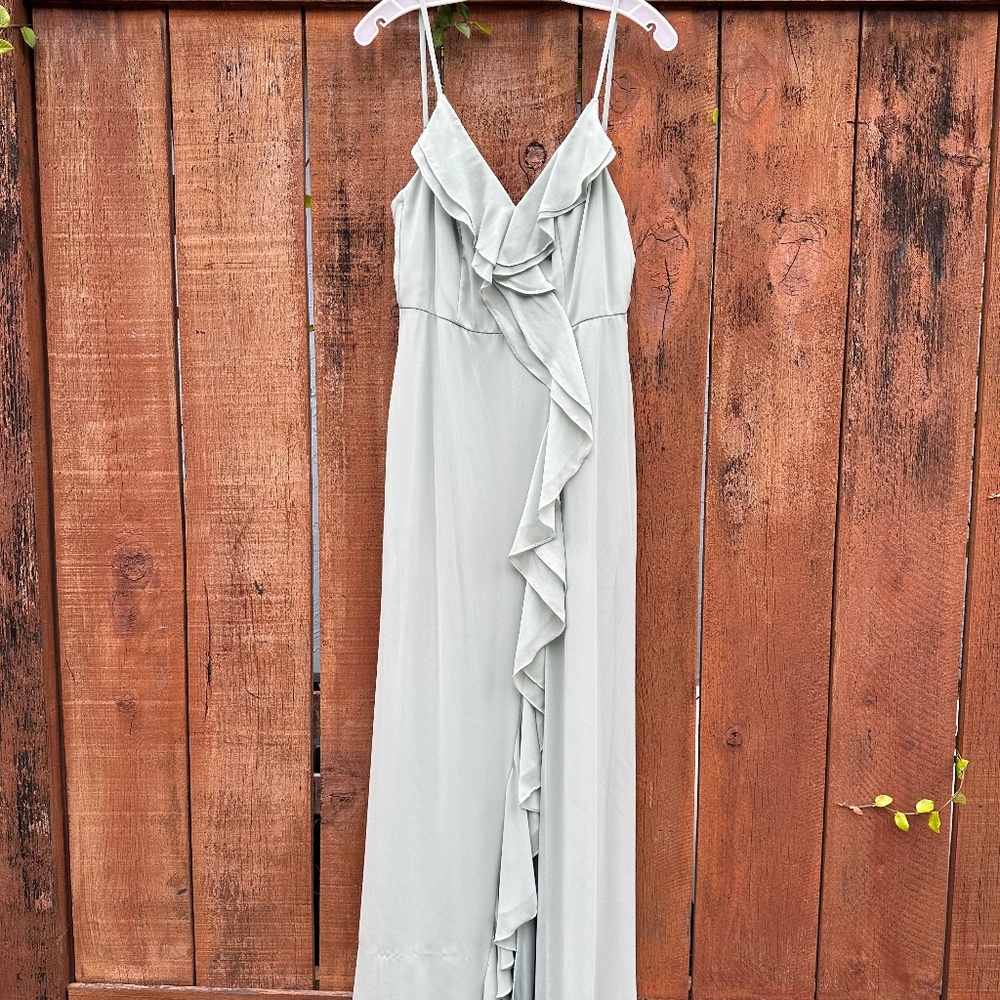 David’s Bridal Ruffle Spaghetti-Strap chiffon dress with slit